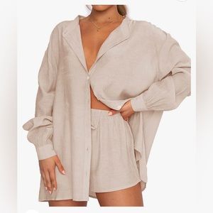 Light airy button up shirt and shorts summer beach cover up lounge set